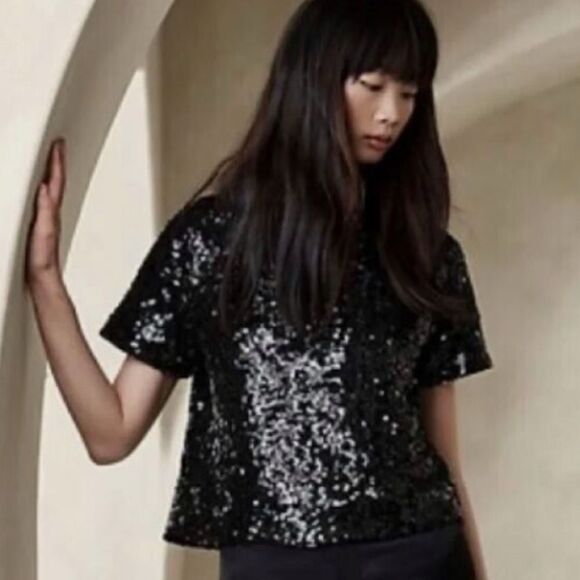 Banana Republic Alina Short Sleeve Cropped Sequin Top - Picture 1 of 6
